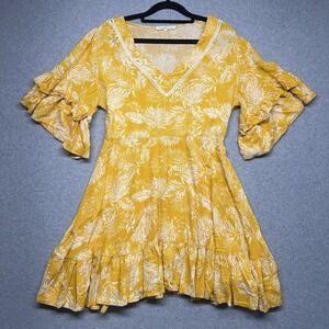 Label Of Love Babydoll Dress Yellow Floral‎ Hi Low Flutter Sleeve Size Med Flowy